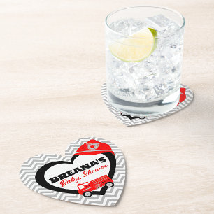 Firetruck Baby Shower Heart Paper Coasters