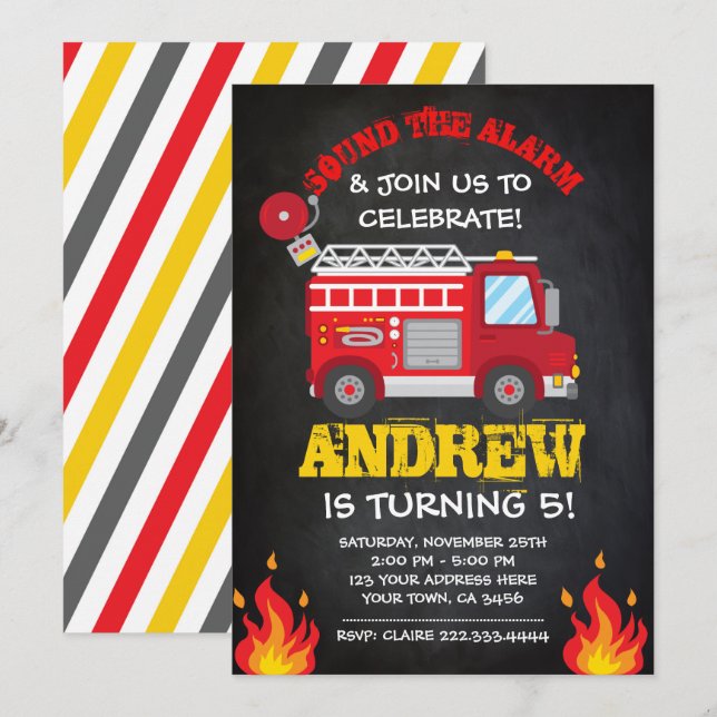Firetruck Birthday Invitation, Firefighter Invites (Front/Back)