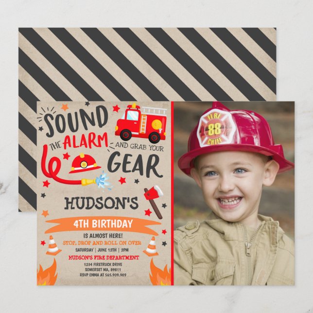 Firetruck Birthday Invitation Fireman Party (Front/Back)