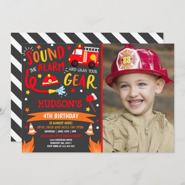 Firetruck Birthday Invitation Fireman Party (Front/Back)