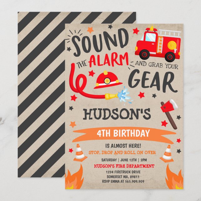 Firetruck Birthday Invitation Fireman Party (Front/Back)