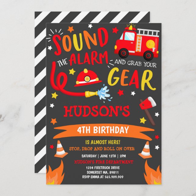 Firetruck Birthday Invitation Fireman Party (Front/Back)