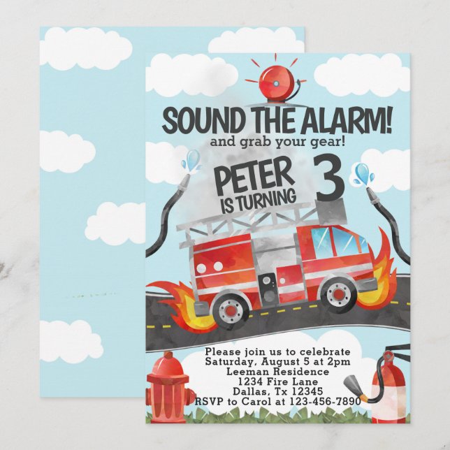 Firetruck Birthday Party Invitation Invite (Front/Back)