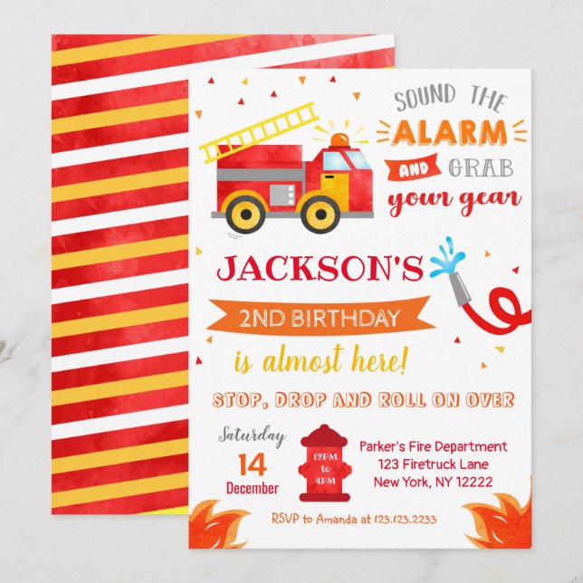 Firetruck Birthday Party invitations (Front/Back)