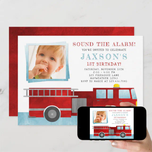 Firetruck Birthday Party Photo Invitation | Zazzle