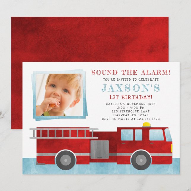 Firetruck Birthday Party Photo Invitation (Front/Back)