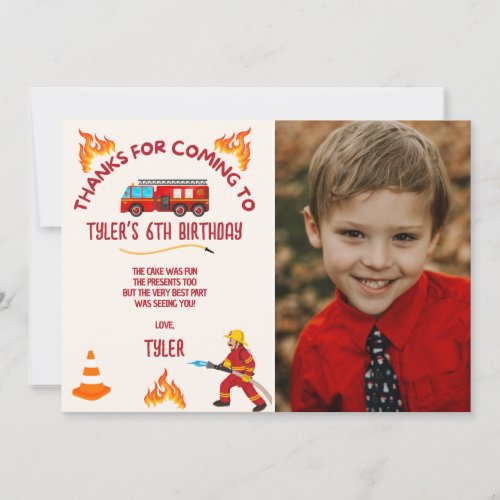 Firetruck Birthday Party Photo Thank You Card