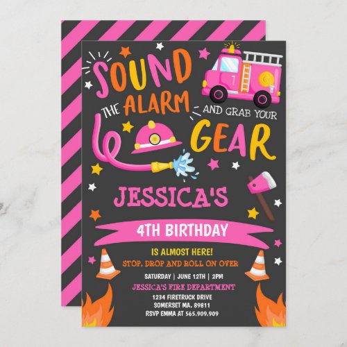 Firetruck Birthday Party Pink Firefighter Invitation