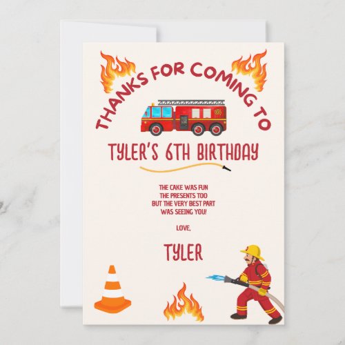 Firetruck Birthday Party Thank You Card