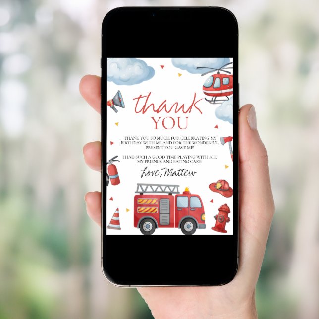 Firetruck Birthday Thank You Card (Front Digital)