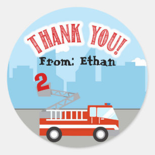 Firetruck Birthday Thank You Sticker Tag Add Name