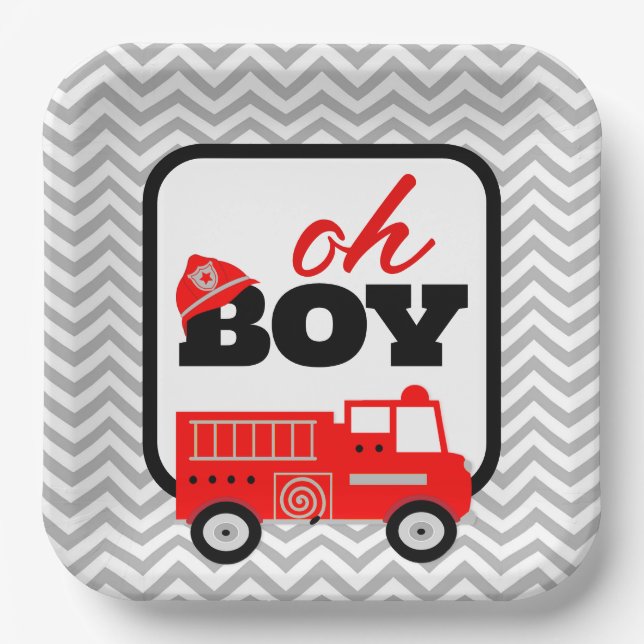 Firetruck Boy Baby Shower Party Paper Plates (Front)