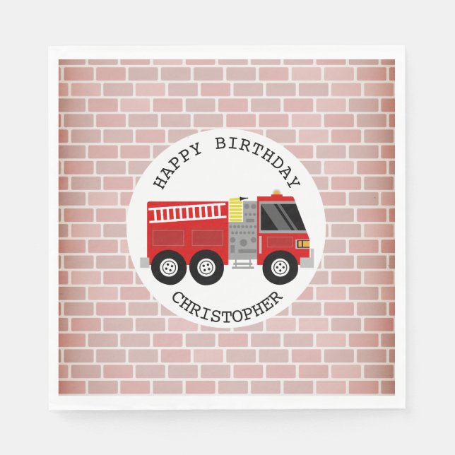 Firetruck + Bricks Firefighter Birthday Party Napkins (Front)