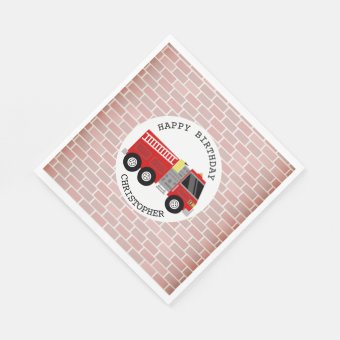 Firetruck + Bricks Firefighter Birthday Party Napkins | Zazzle