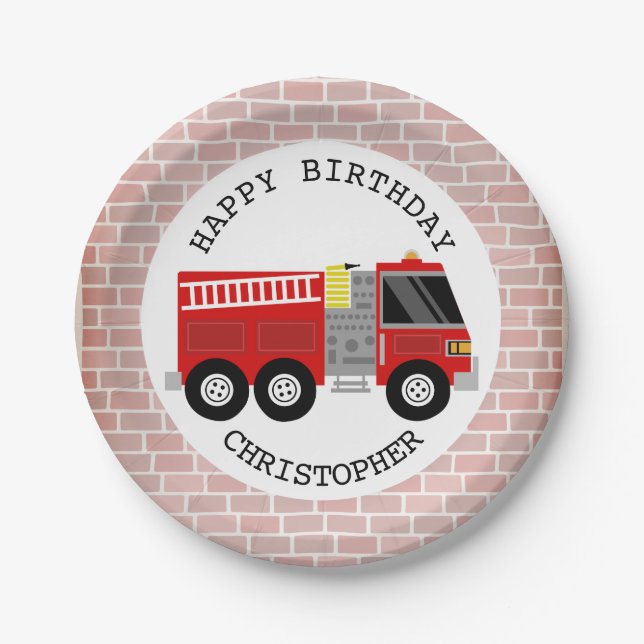 Firetruck + Bricks Firefighter Birthday Party Paper Plates (Front)