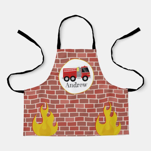 Firetruck Bricks Pattern Firefighter Kids Apron (Front)