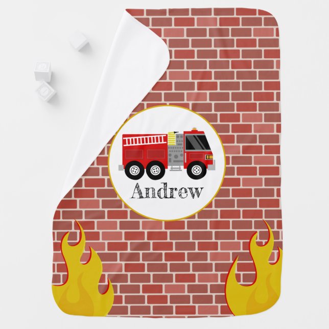 Firetruck + Bricks Personalized Baby Blanket (In Situ)