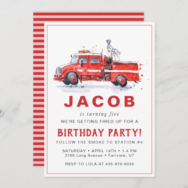 Firetruck & Dalmatian | Firefighter Kids Birthday Invitation (Front/Back)
