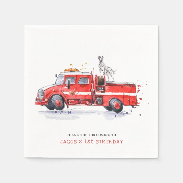 Firetruck & Dalmatian | Firefighter Kids Birthday Napkins (Front)