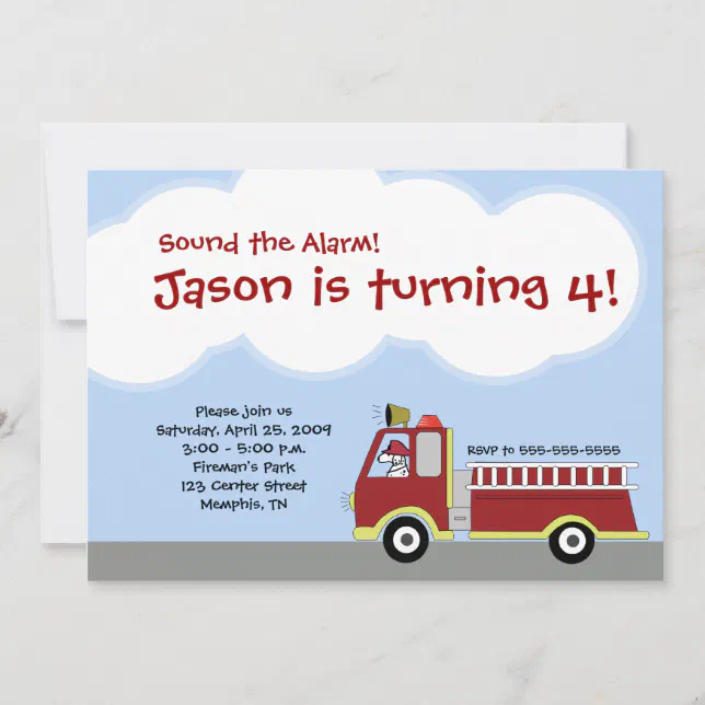 Firetruck Fire Engine Birthday Invitation | Zazzle