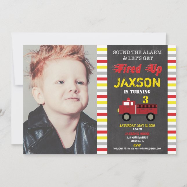Firetruck fire engine birthday party boy photo invitation (Front)
