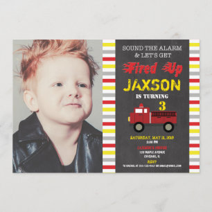 Firetruck fire engine birthday party boy photo invitation