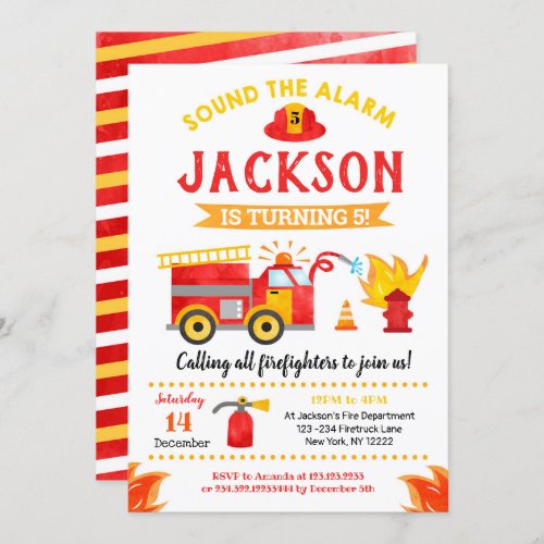 Firetruck Fire Engine Birthday Party Invitations