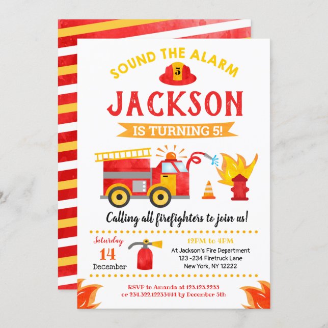 Firetruck Fire Engine Birthday Party Invitations (Front/Back)