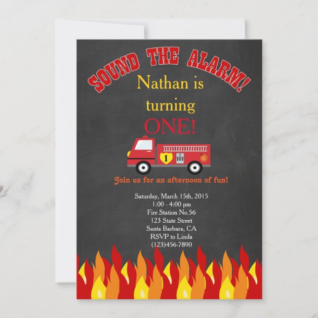 Firetruck Fire Engine First Birthday Party Invite (Front)