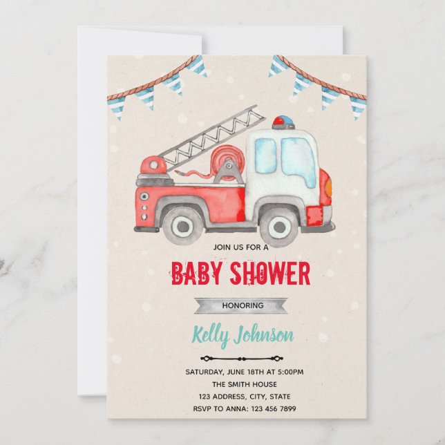 Firetruck firefighter baby shower theme invite (Front)