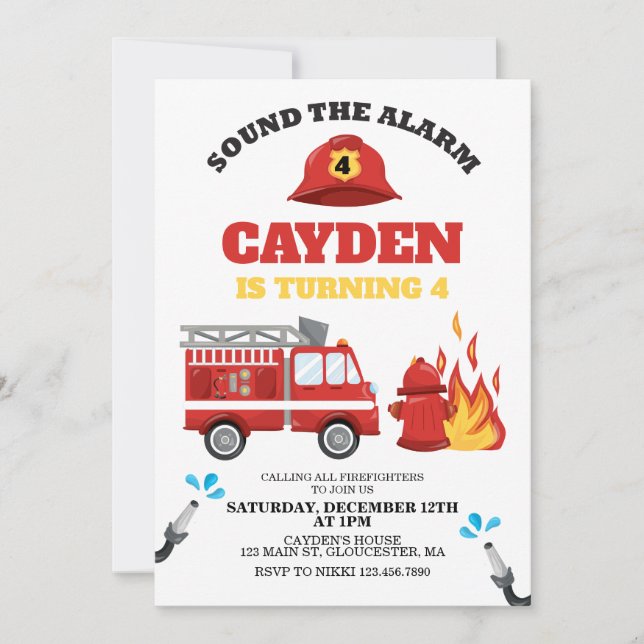 Firetruck Firefighter Birthday Party Invitation (Front)