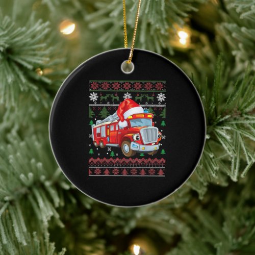 Firetruck Firefighter Christmas Cute Boy Santa Hat Ceramic Ornament