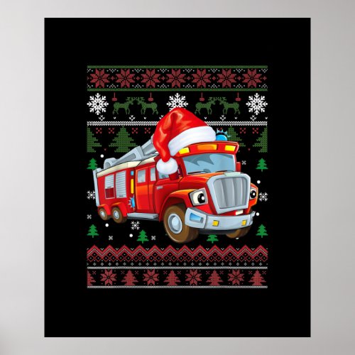 Firetruck Firefighter Christmas Cute Boy Santa Hat Poster