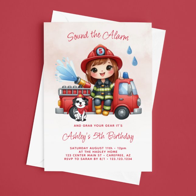 Firetruck Firefighter Girl 5th Birthday Invitation (Creator Uploaded)