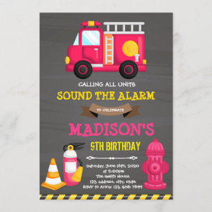 Firetruck firefighter girl birthday invitation
