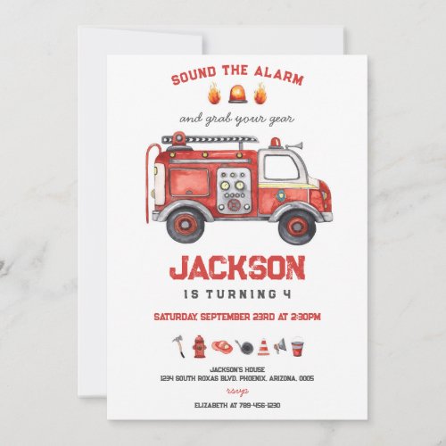 Firetruck Firefighter Kids Birthday Invitation