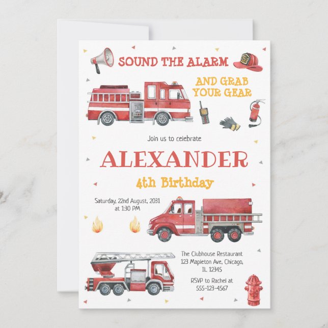 Firetruck Firefighter Kids Birthday Invitation (Front)