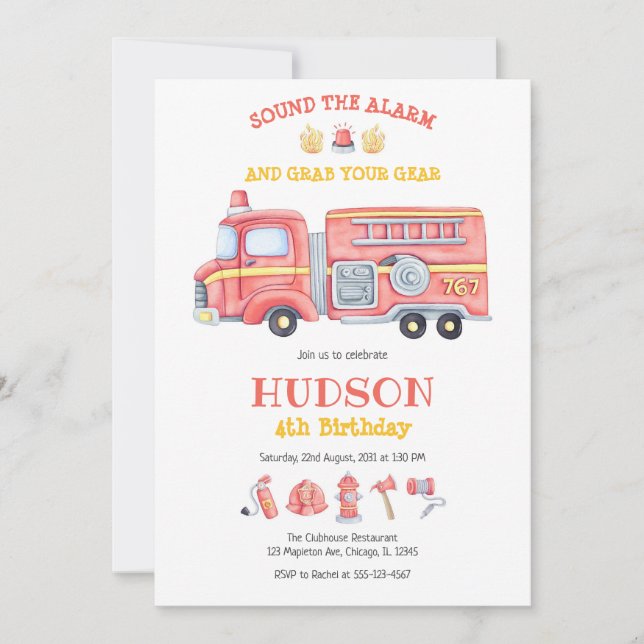 Firetruck Firefighter Kids Birthday Invitation (Front)