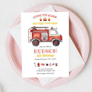 Firetruck Firefighter Kids Birthday Invitation