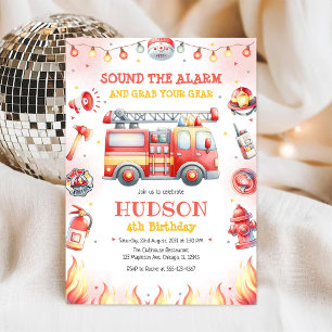 Firetruck Firefighter Kids Birthday Invitation