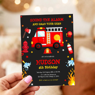 Firetruck Firefighter Kids Birthday Invitation