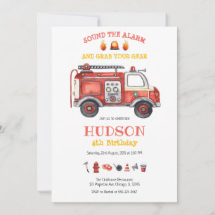 Firetruck Firefighter Kids Birthday Invitation
