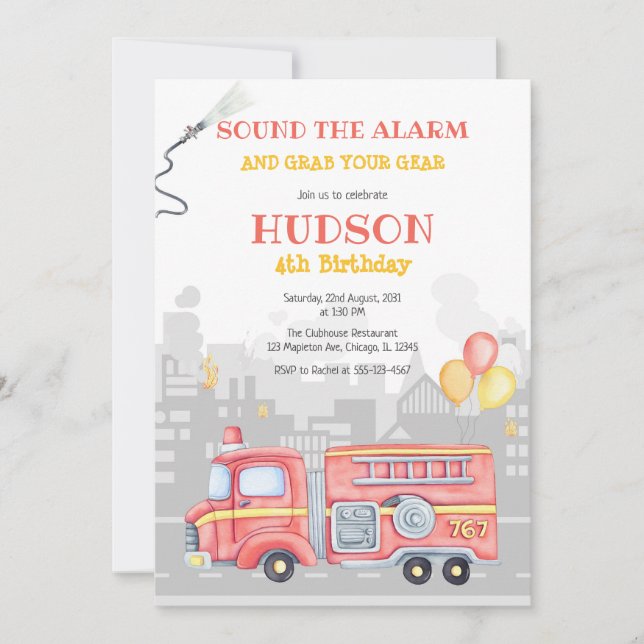 Firetruck Firefighter Kids Birthday Invitation (Front)
