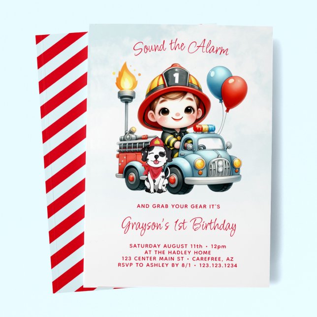 Firetruck Fireman 1st Birthday Invitation (Creator Uploaded)