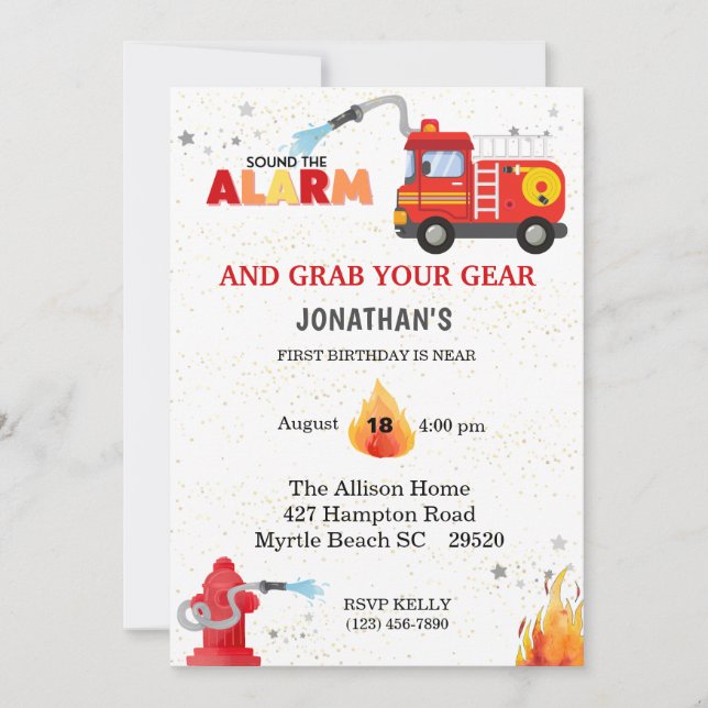  Firetruck First Birthday Party Invitation (Front)
