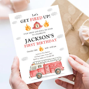 Firetruck Let's Get Fired Up Boy First Birthday Invitation