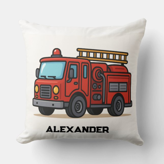 Firetruck personalised name kids throw pillow (Front)
