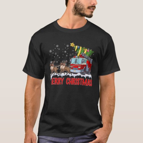 Firetruck Santa Sleigh Fireman Christmas Firefight T_Shirt