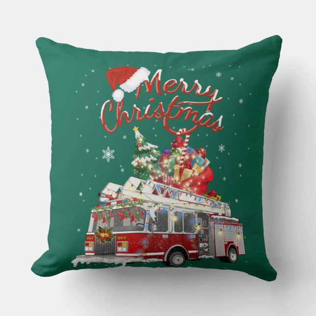 Firetruck Santa Sleigh Fireman Christmas Firefight Throw Pillow (Front)