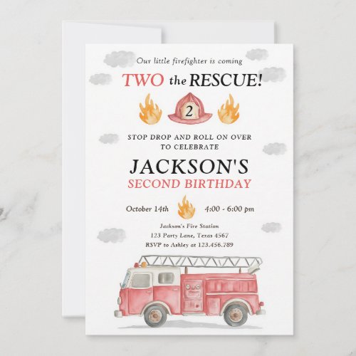 Firetruck Two the Rescue Boy 2nd Birthday Invitation